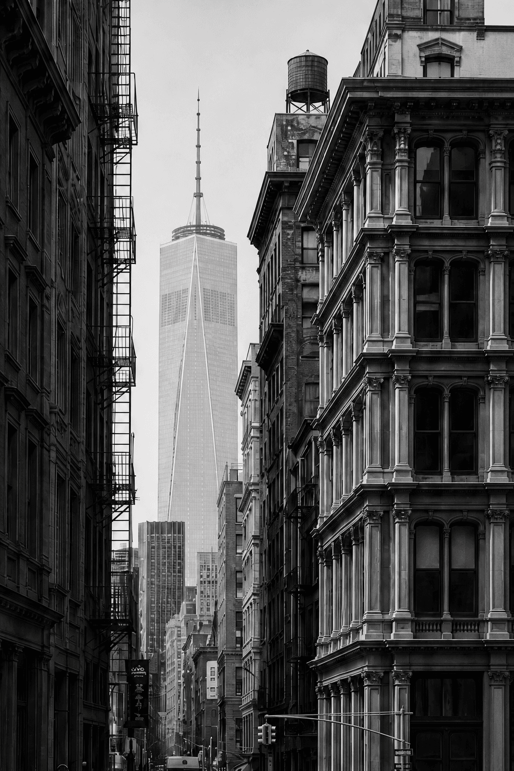 One World Trade Center viewed through the historic architecture of lower Manhattan